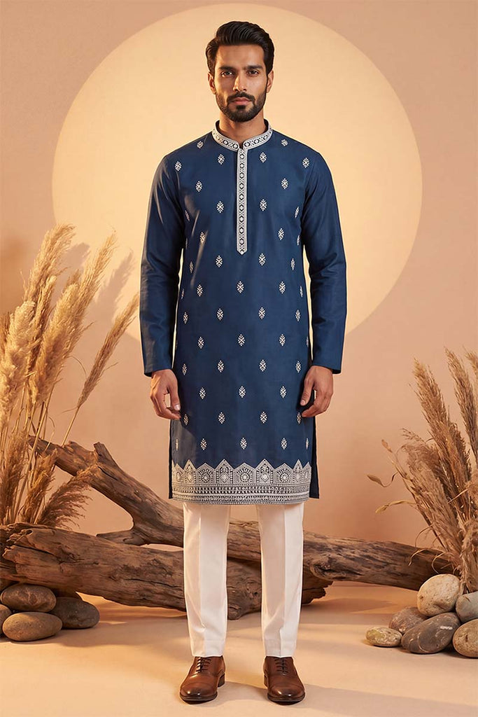 Silk Blend Blue Solid Embroidered Calf Length Straight Kurta MKU2274