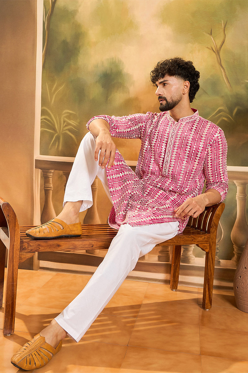 Red Viscose Rayon Embroidered Kurta With Trousers MKSET1413