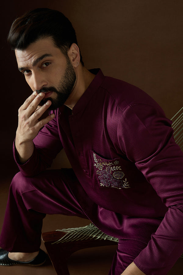 Purple Silk Blend Solid Embroidered Kurta With Trouser MKSET2056