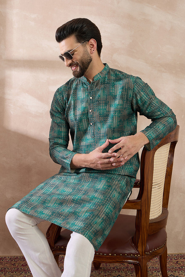 Green Silk Blend Printed Mandarin Collar Straight Kurta MKU2021