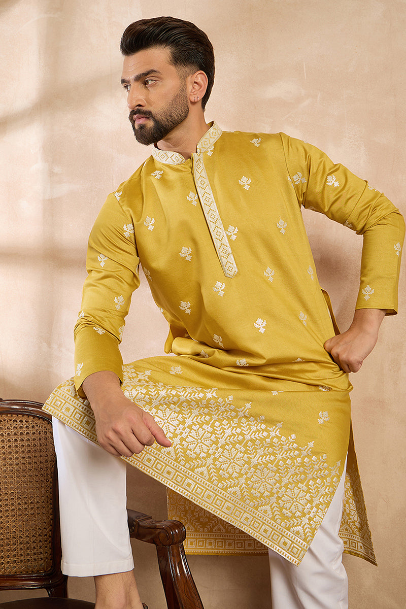 Yellow Polyester Solid Embroidered Straight Kurta With Trouser MKSET1809
