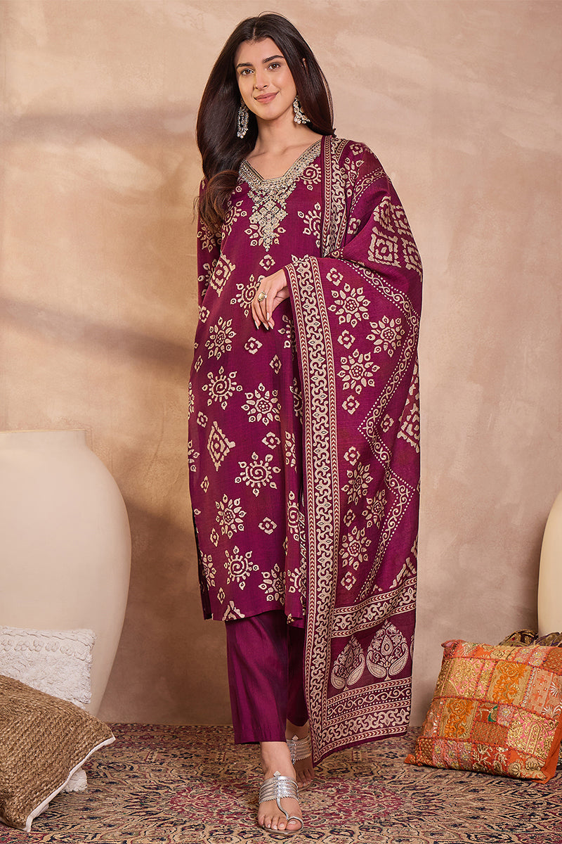 Purple Floral Printed Kurta With Trousers And Dupatta PKSKD3228