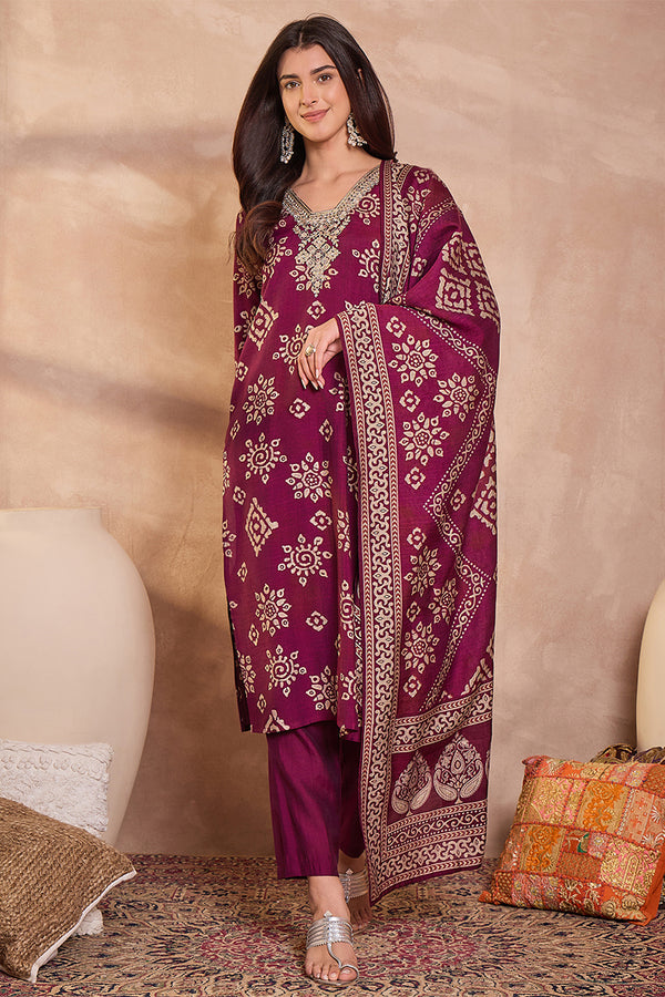 Purple Floral Printed Kurta With Trousers And Dupatta PKSKD3228