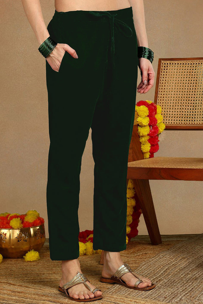 Green Velvet Ethnic Motifs Printed Straight Suit Set PKSKD2772
