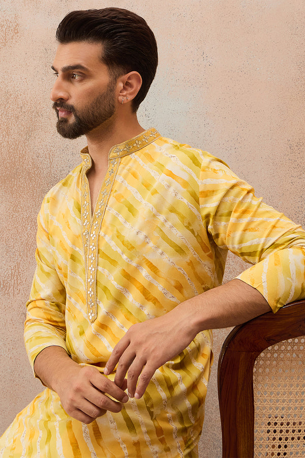 Yellow Viscose Rayon Leheriya Printed Kurta MKU2756
