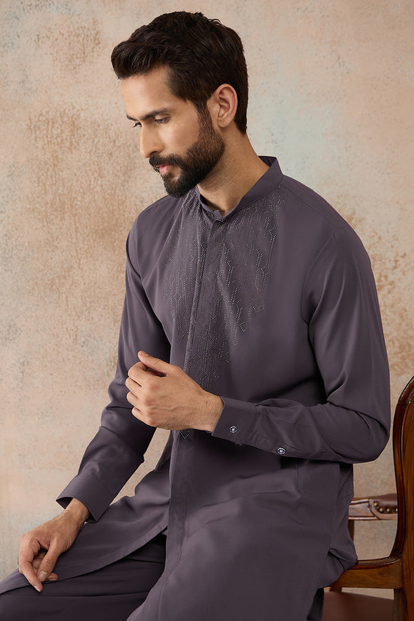 Grey Silk Blend Ethnic Motifs Printed Kurta With Trouser MKSET2393