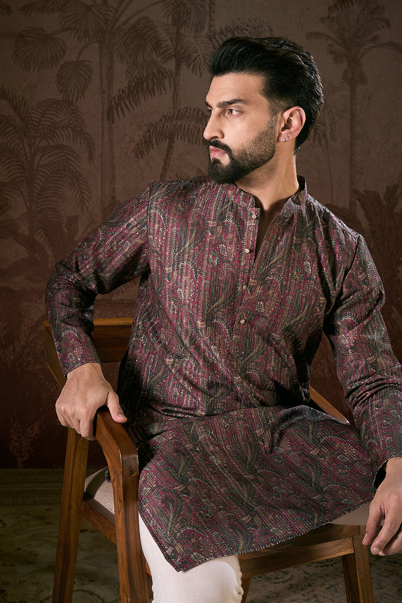 Purple Silk Blend Ethnic Motifs Printed Straight Kurta With Trouser MKSET1941