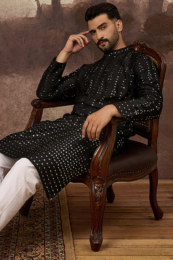 Black Silk Blend Solid Embroidered Straight Kurta With Pant Set MKSET1360