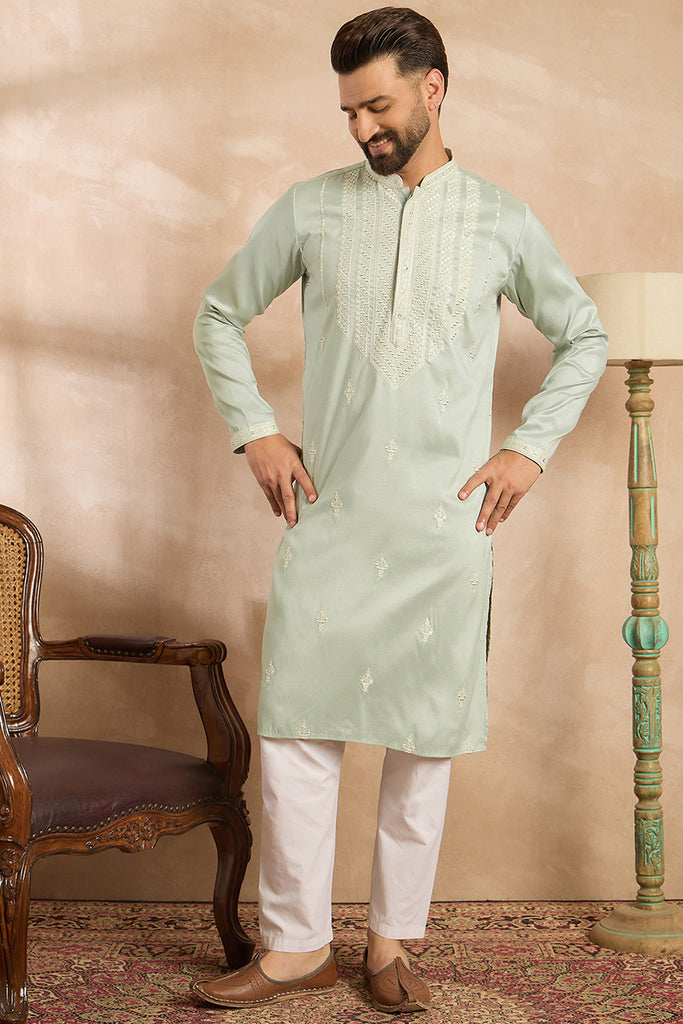 Green Silk Blend Geometric Embroidered Straight Kurta MKU1686