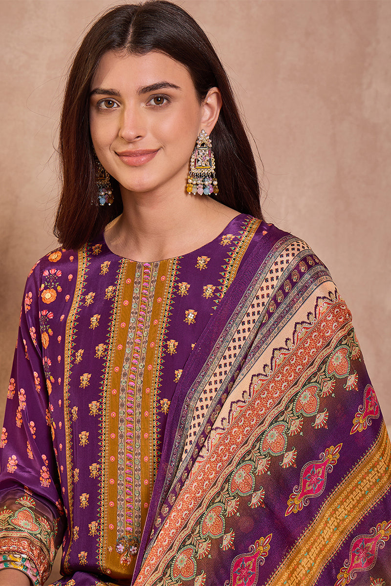Purple Viscose Rayon Embroidered Kurta Trouser With Dupatta  HPKSKD2805