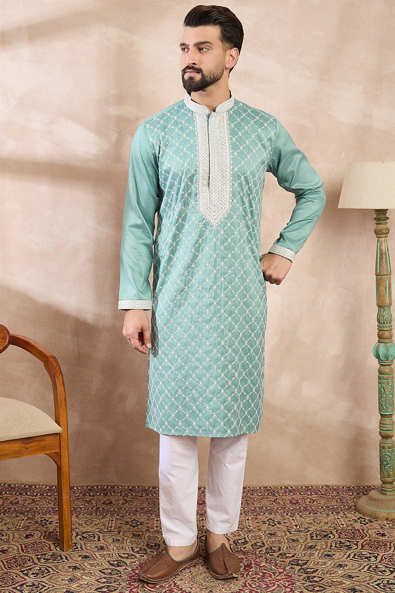 Teal Silk Blend Geometric Embroidered Straight Kurta With Trouser MKSET1693