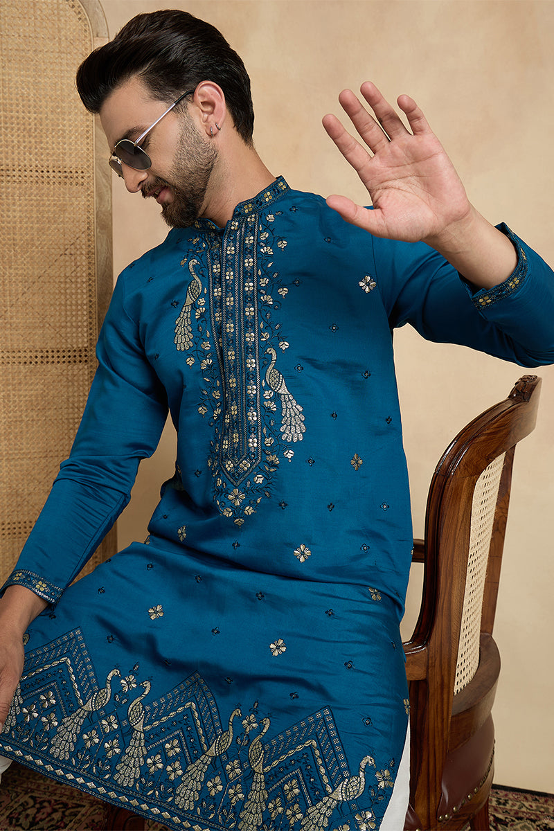 Teal Silk Blend Solid Embroidered Thread Work Kurta MKU2443