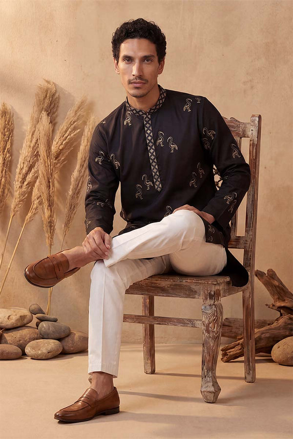 Black Silk Blend Solid Embroidered Kurta MKU1817