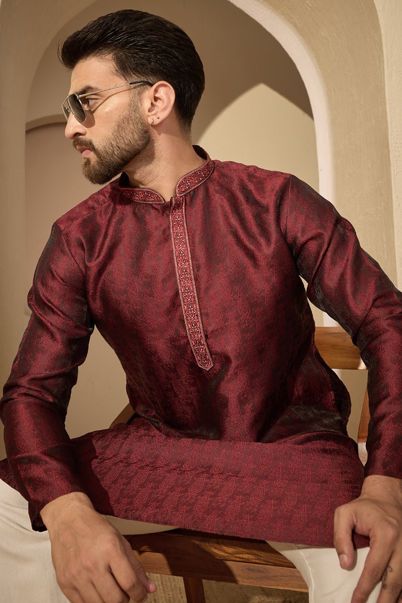 Maroon Jacquard Solid Embroidered Mandarin Collar Kurta With Trouser MKSET2744