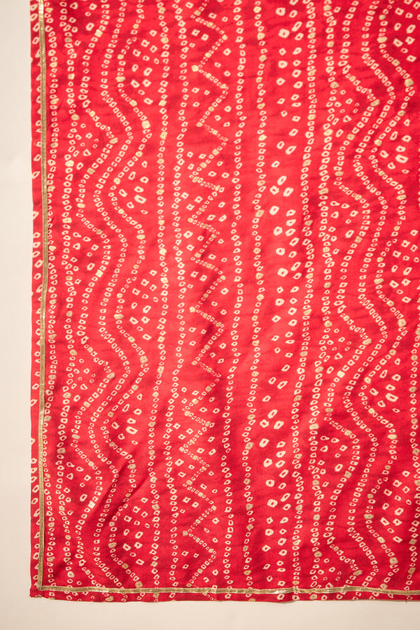 Red Viscose Rayon Bandhani Printed Mandarin Collar Kurta With Dupatta MKUD1081