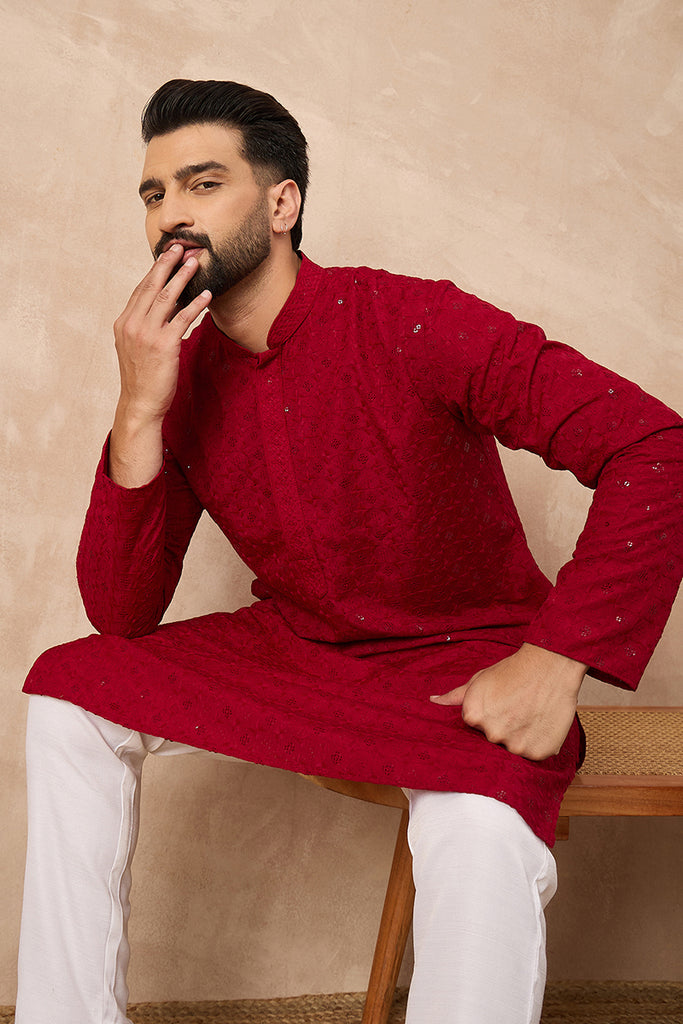 Maroon Viscose Rayon Solid Embroidered Straight Kurta MKU1226