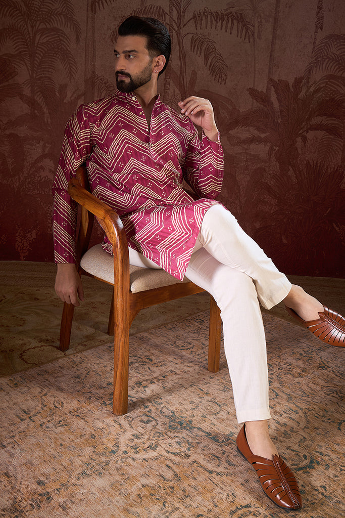 Magenta Silk Blend Chevron Printed Straight Kurta With Trouser MKSET1940