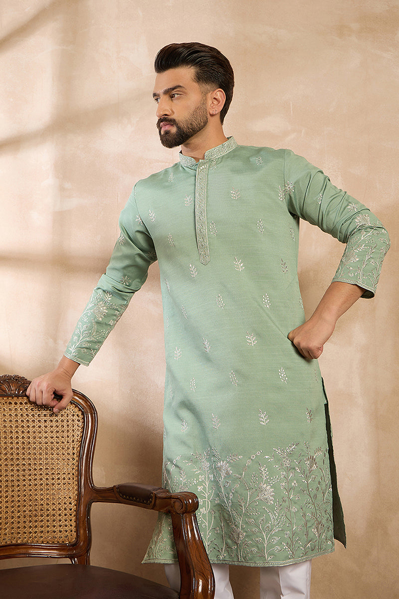 Green Silk Blend Solid Embroidered Straight Kurta MKU1783