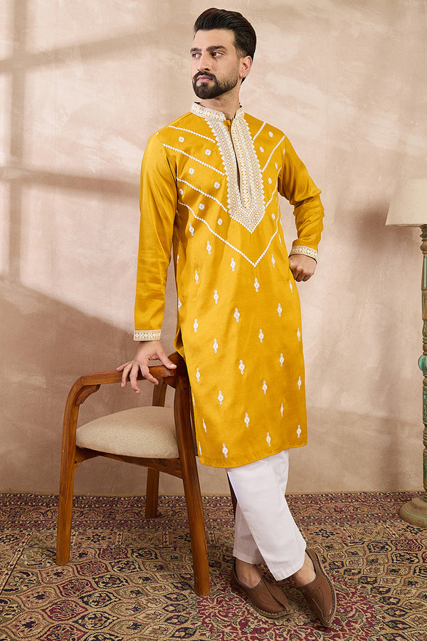Yellow Silk Blend Ethnic Motifs Embroidered Straight Kurta With Trouser MKSET1790