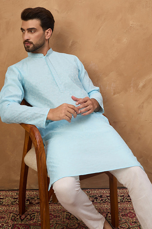 Blue Silk Blend Solid Embroidered Straight Kurta MKU1452