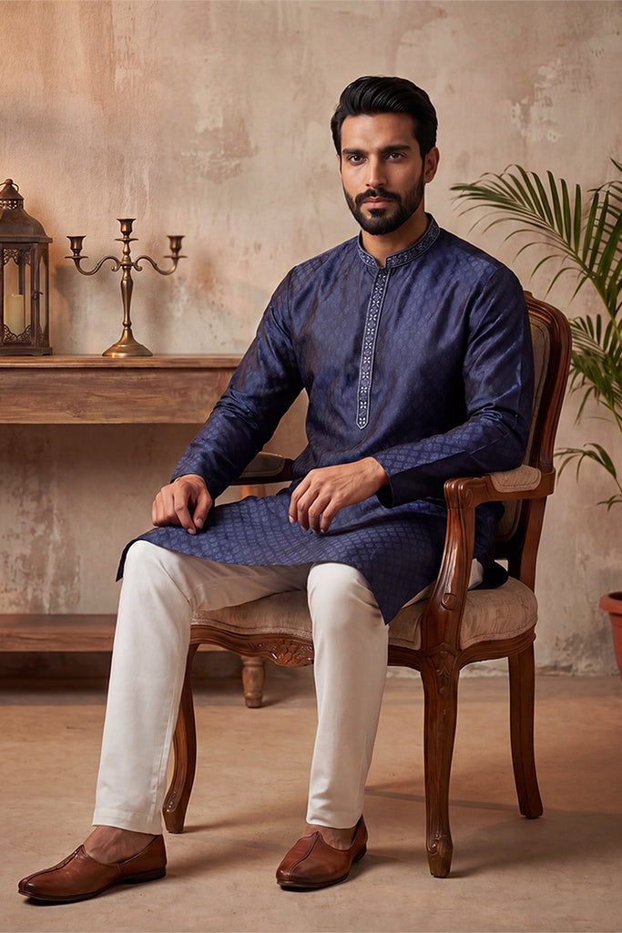Blue Jacquard Woven Design Straight Kurta With Trouser MKSET2227