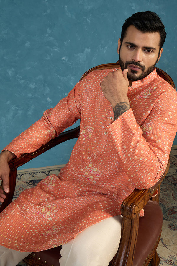 Orange Linen Blend Bandhani Printed Kurta MKU2638