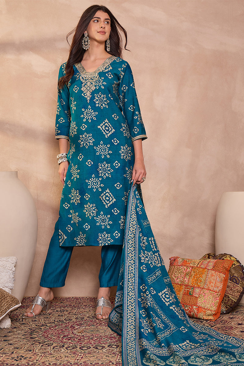 Blue Silk Blend Floral Printed Straight Regular Kurta Set PKSKD3226