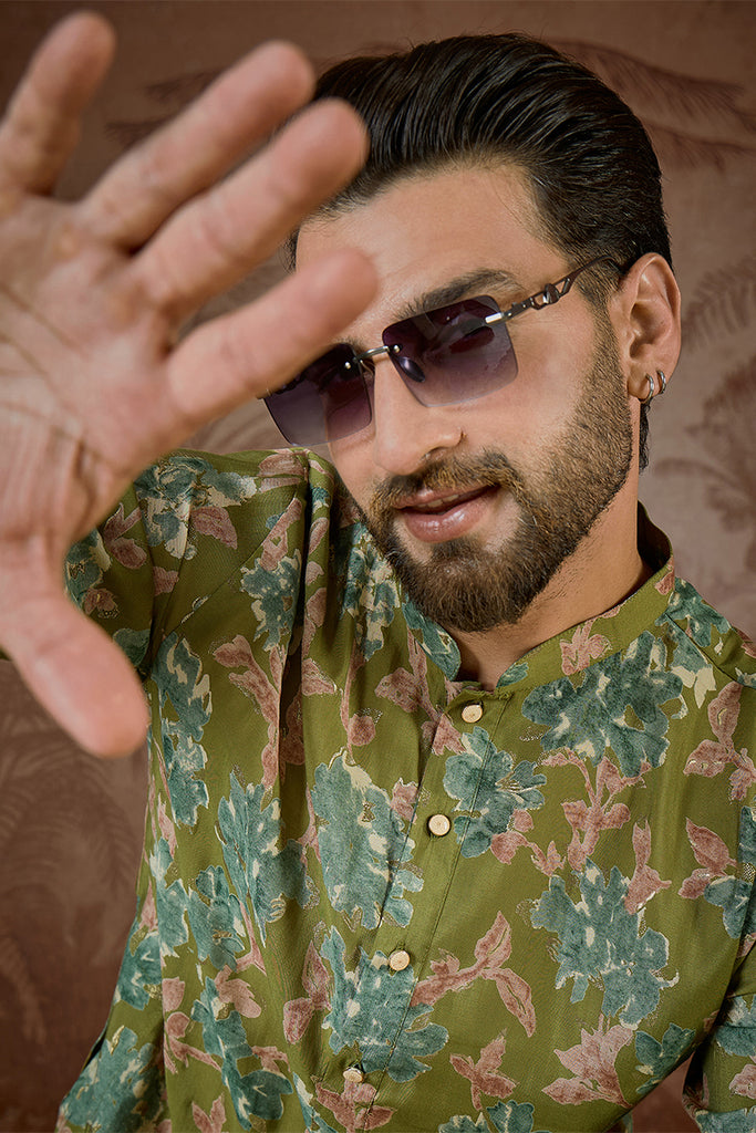 Green SIlk Blend Floral Printed Kurta MKU2537