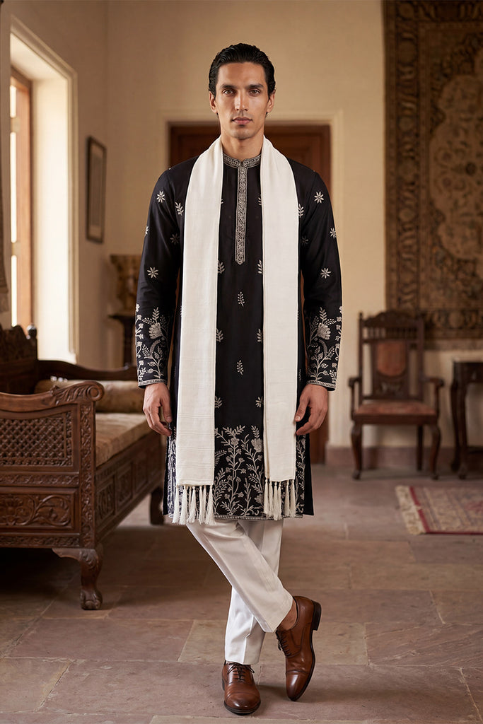 Black Silk Blend Solid Embroidered Straight Kurta Sets MKUD1782