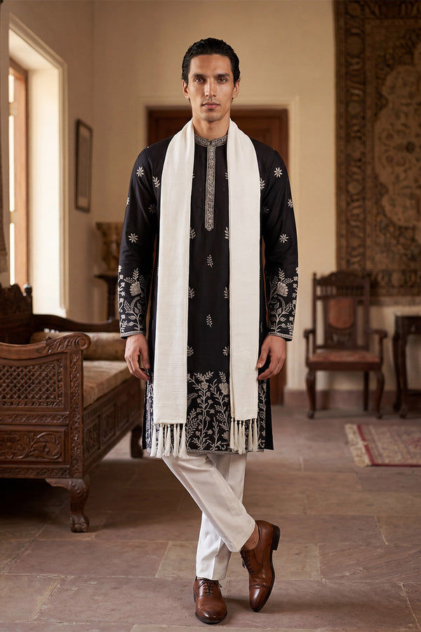 Black Silk Blend Solid Embroidered Straight Kurta Sets MKUD1782
