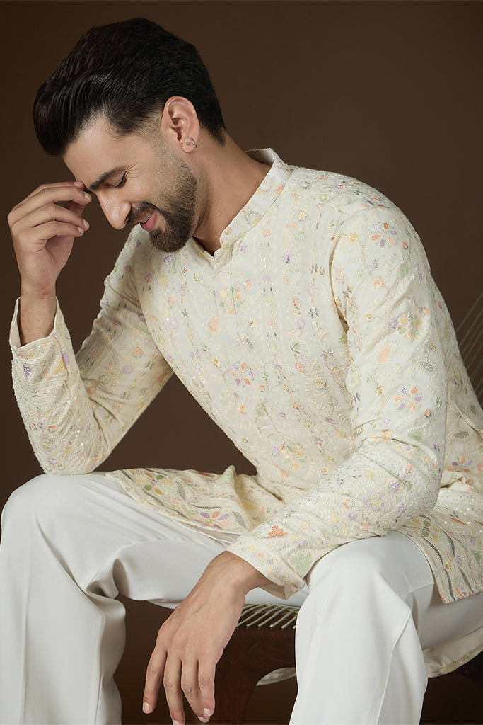 Off White Georgette Solid Embroidered Kurta MKU2732