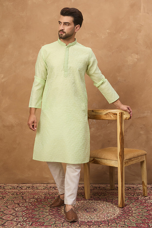 Green Silk Blend Solid Embroidered Straight Kurta MKU1451