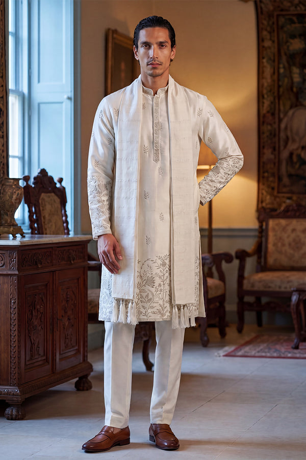 White Silk Blend Floral Embroidered Straight Kurta Trouser with Dupatta MKPD1784