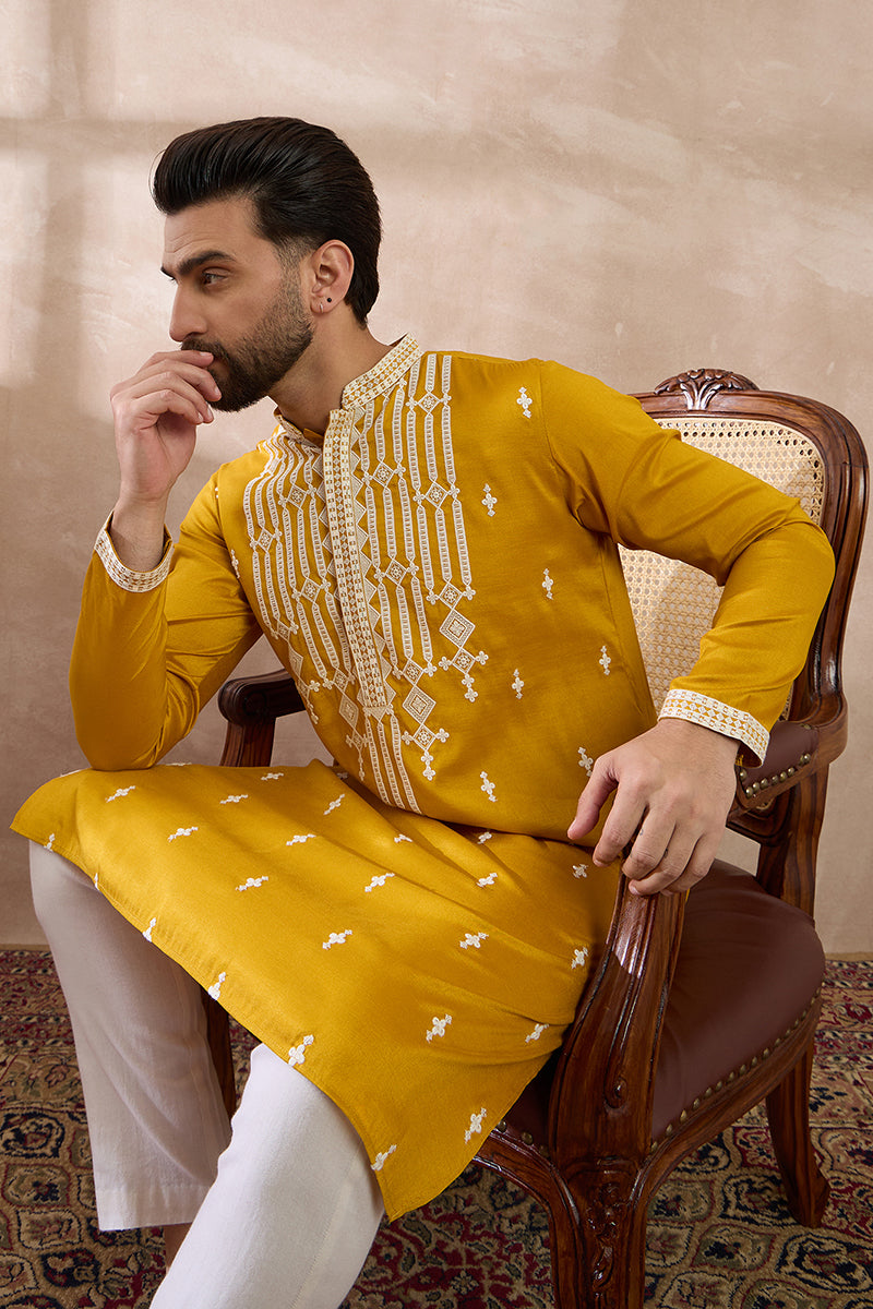 Yellow Silk Blend Embroidered Mandarin Collar Straight Kurta With Trouser MKSET1786