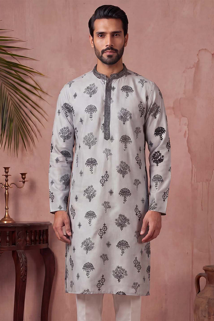 Silk Blend Embroidered Solid Blue Kurta With Trousers MKSET1805
