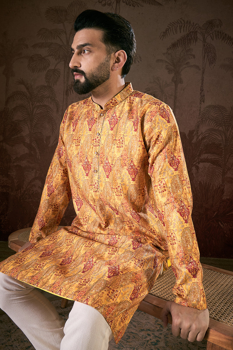 Mustard Silk Blend Ethnic Motifs Printed Straight Kurta With Trouser MKSET1925