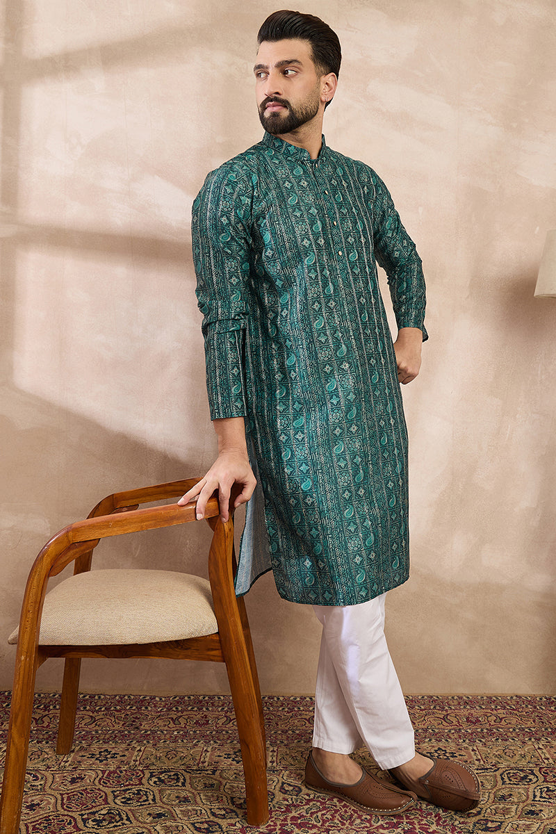 Green Silk Blend Ethnic Motifs Printed Straight Kurta MKU1996
