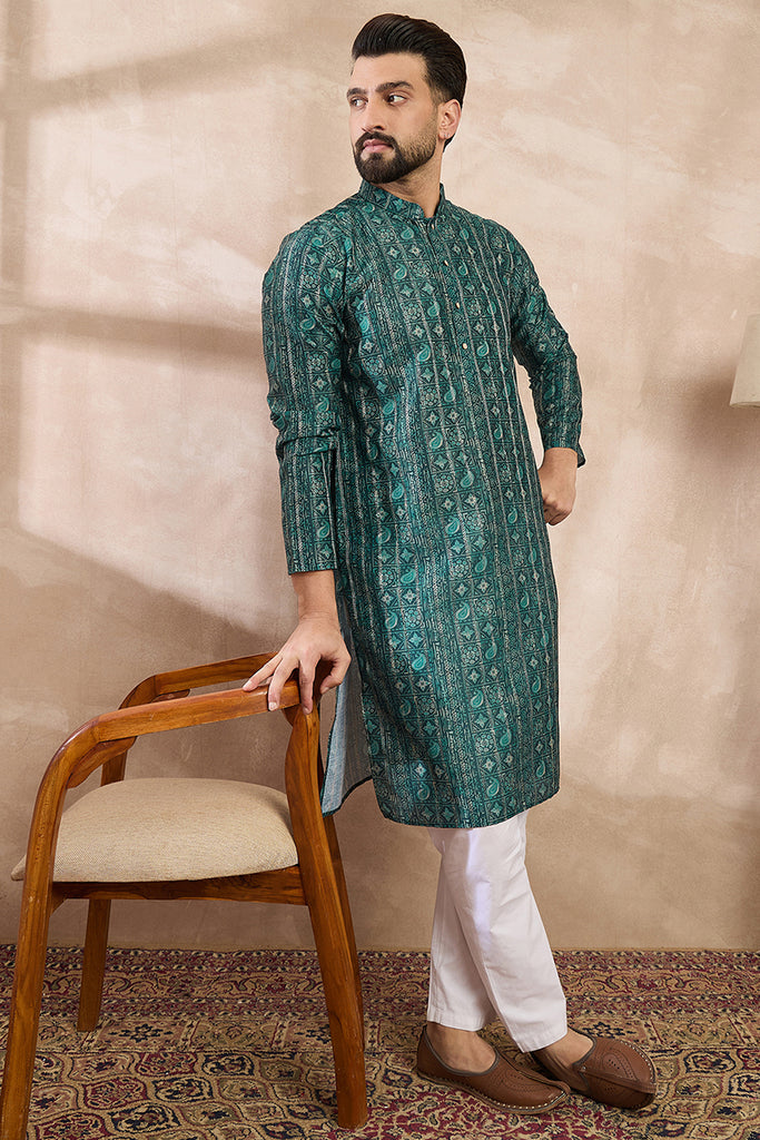 Green Silk Blend Ethnic Motifs Printed Straight Kurta MKU1996
