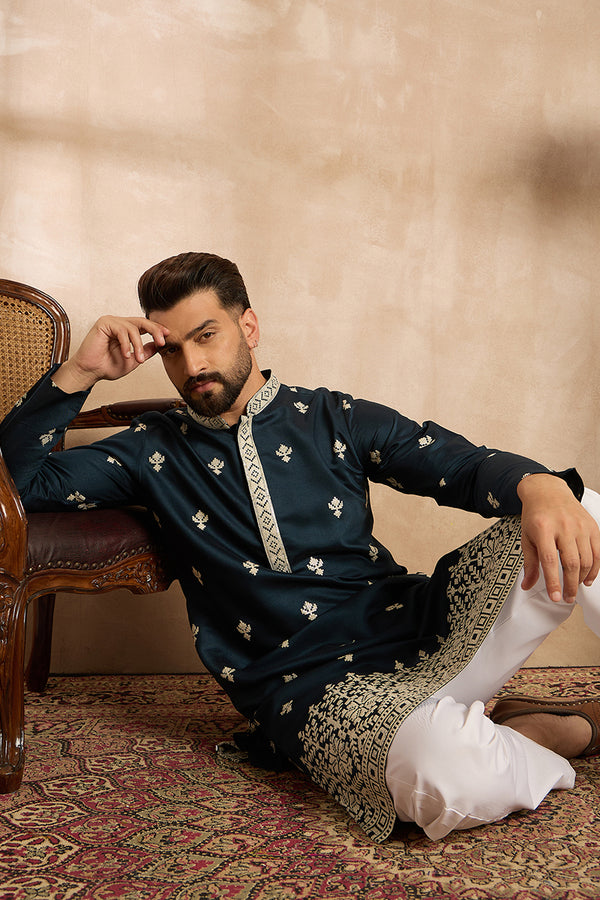 Navy Blue Polyester Solid Embroidered Straight Kurta With Trouser MKSET1810