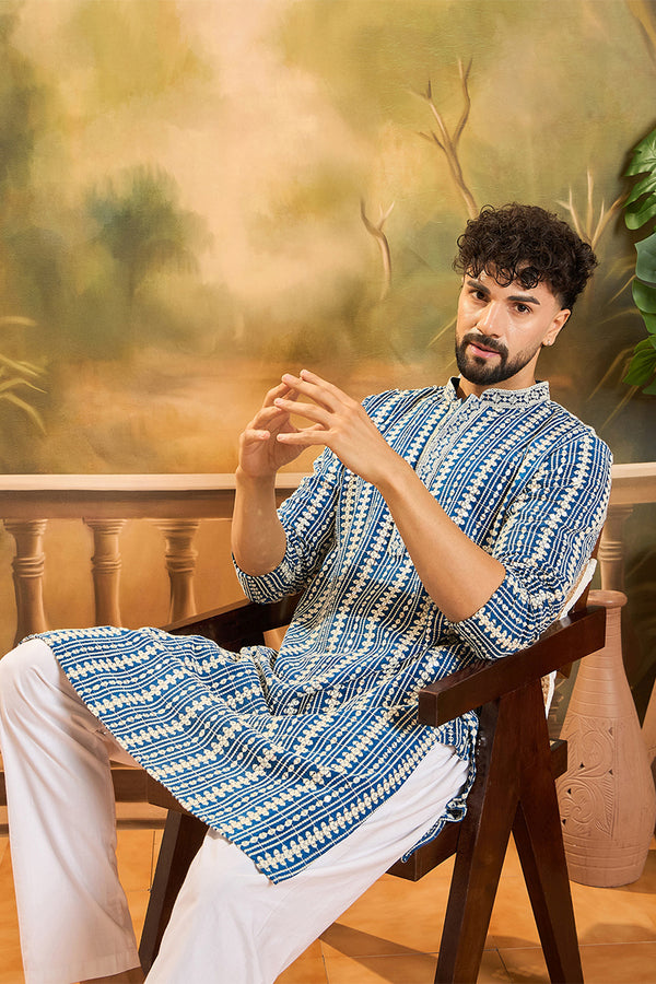 Blue Viscose Rayon Embroidered Kurta With Trousers MKSET1412