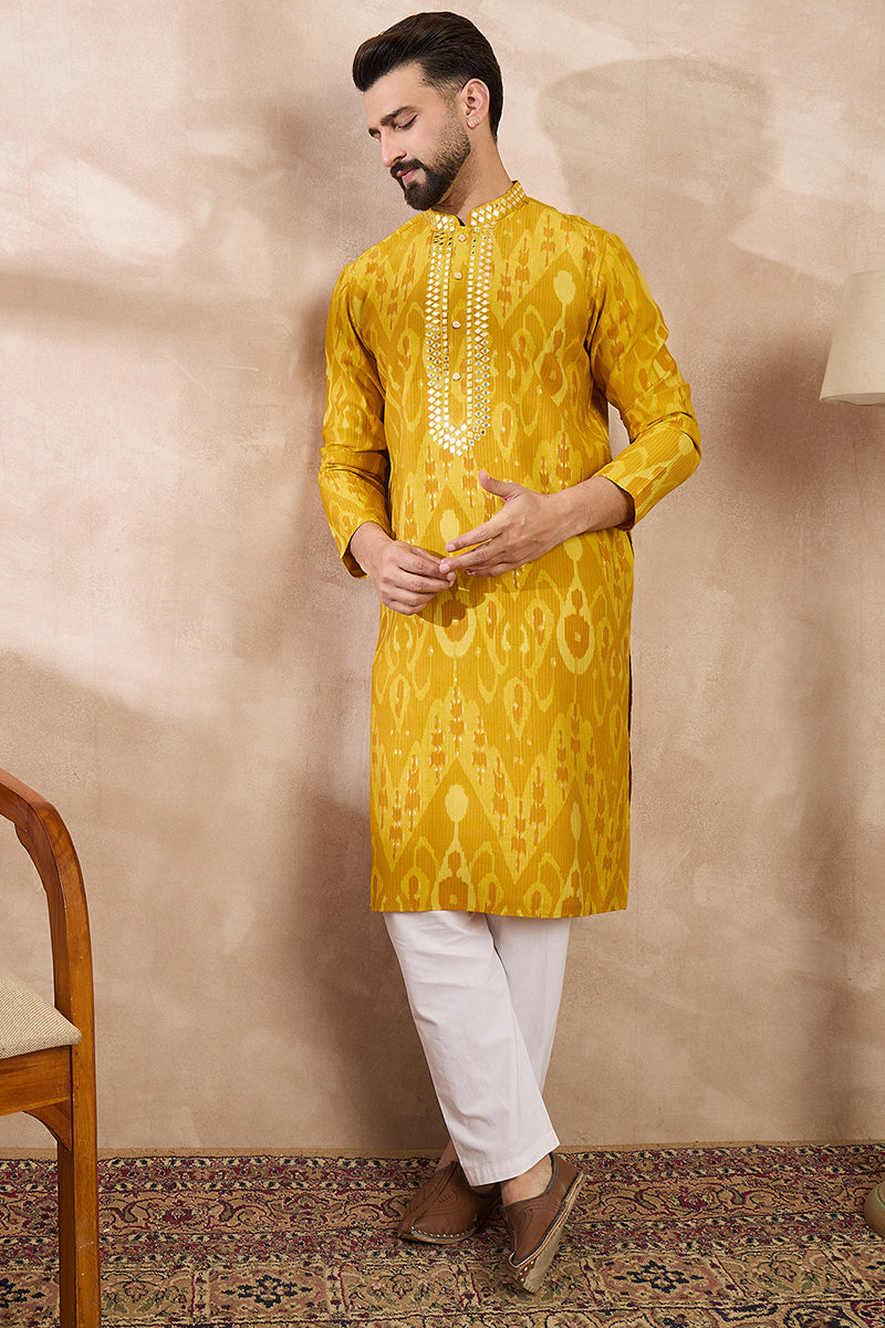Yellow Viscose Rayon Chevron Printed Straight Kurta MKU1966