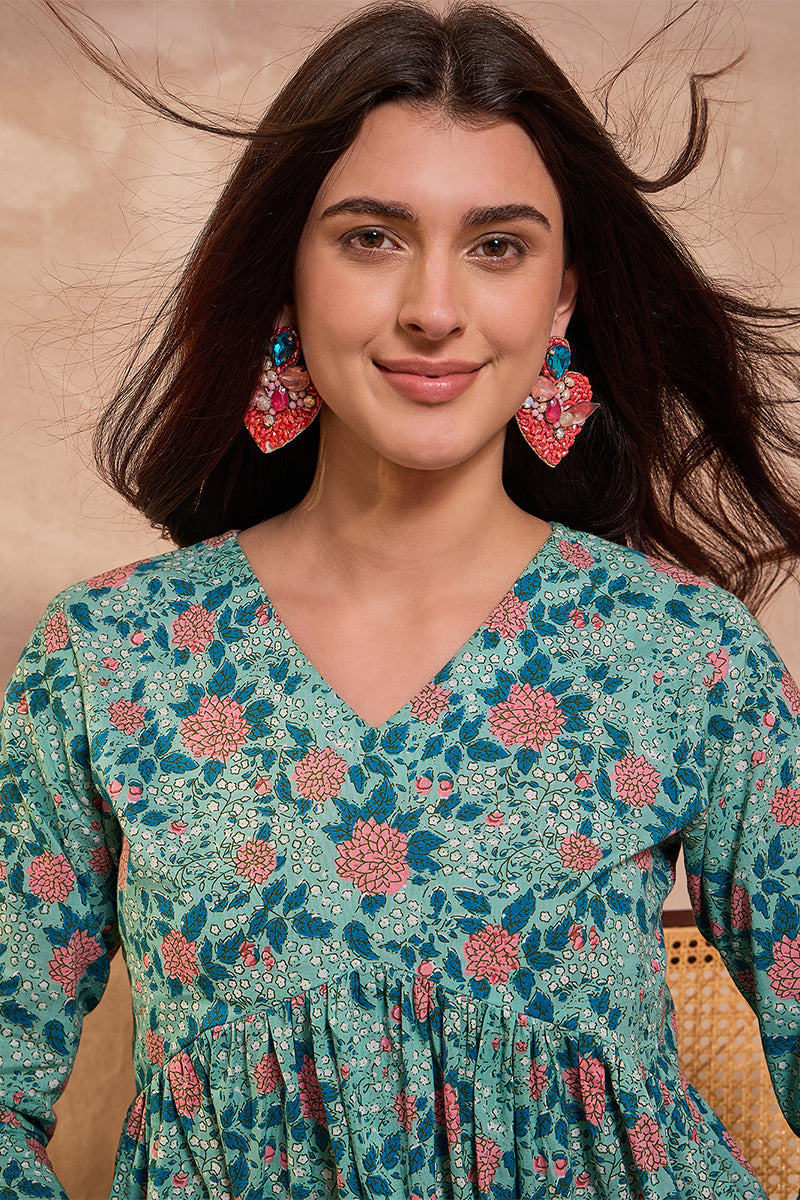 Cotton Blend Blue Floral Regular Tops VT1332