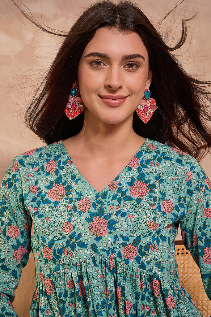 Cotton Blend Blue Floral Regular Tops VT1332