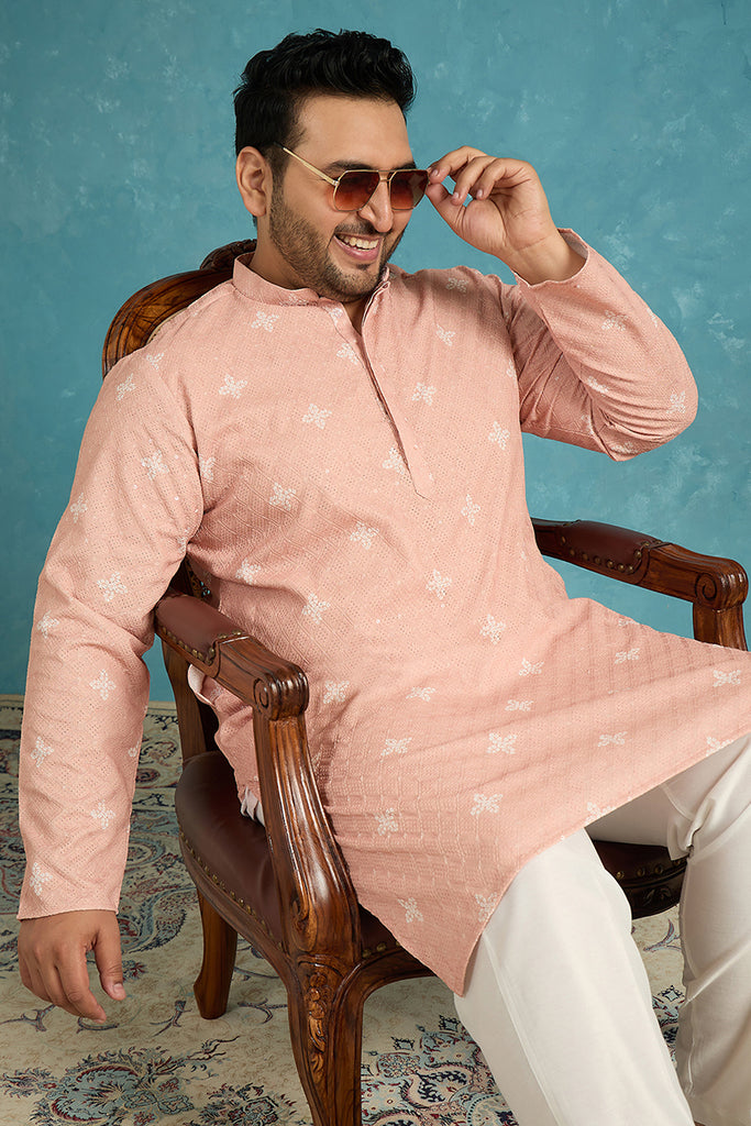 Peach Viscose Rayon Bandhani Thread Work Embroidered Kurta MKU1587