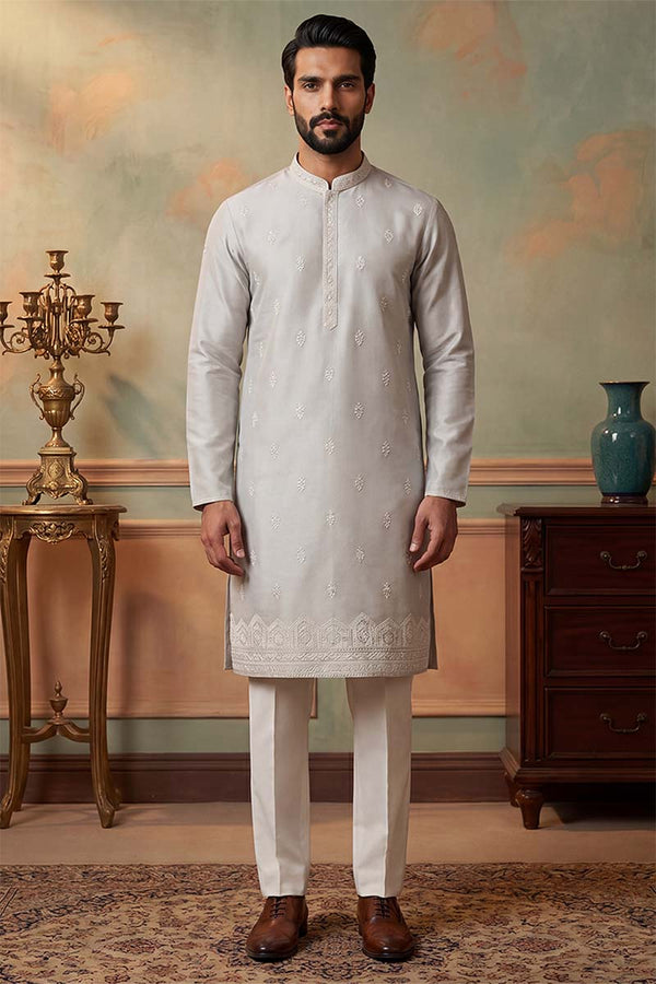 Silk Blend Silver Solid Embroidered Calf Length Straight Kurta With Trousers MKSET2273