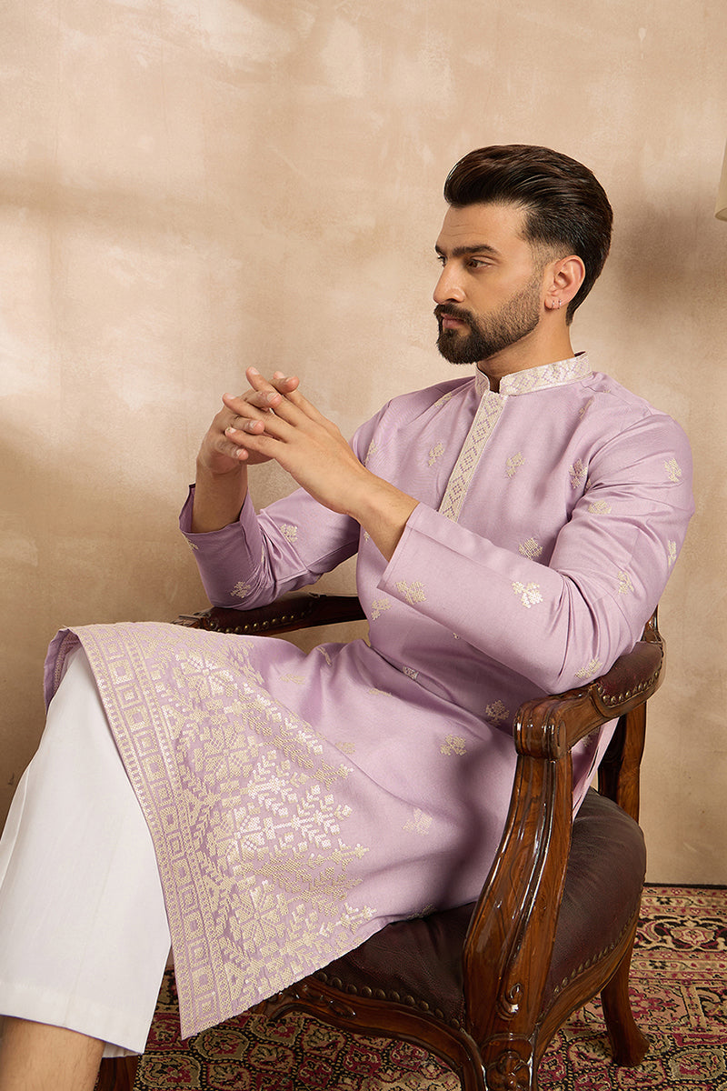 Lavender Polyester Solid Embroidered Straight Kurta With Trouser MKSET1753