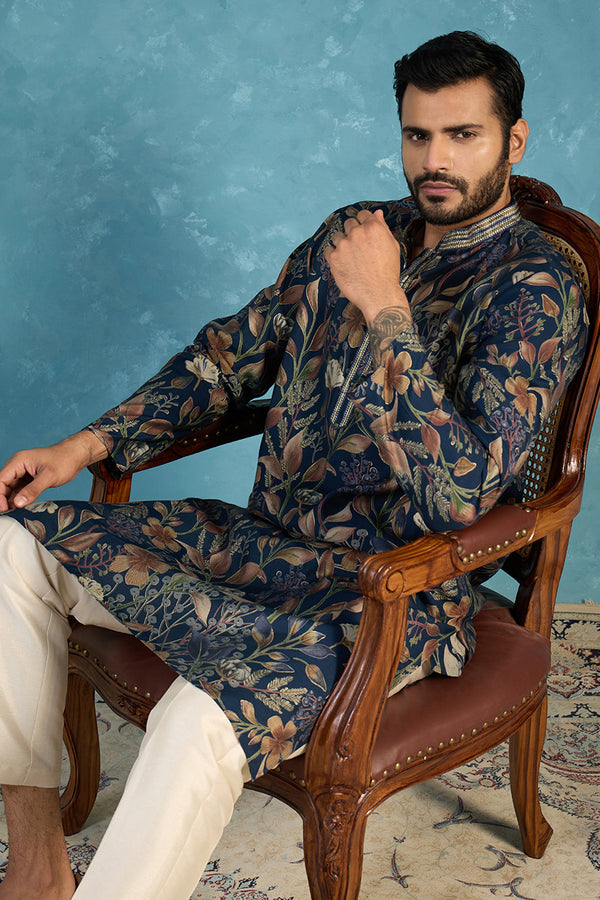 Blue Modal Floral Printed Calf Length Straight Regular Kurta With Trouser MKSET1978