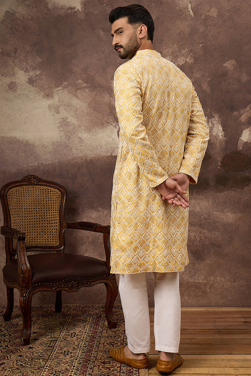 Yellow Viscose Rayon Solid Embroidered Straight Kurta with Trouser MKSET1385