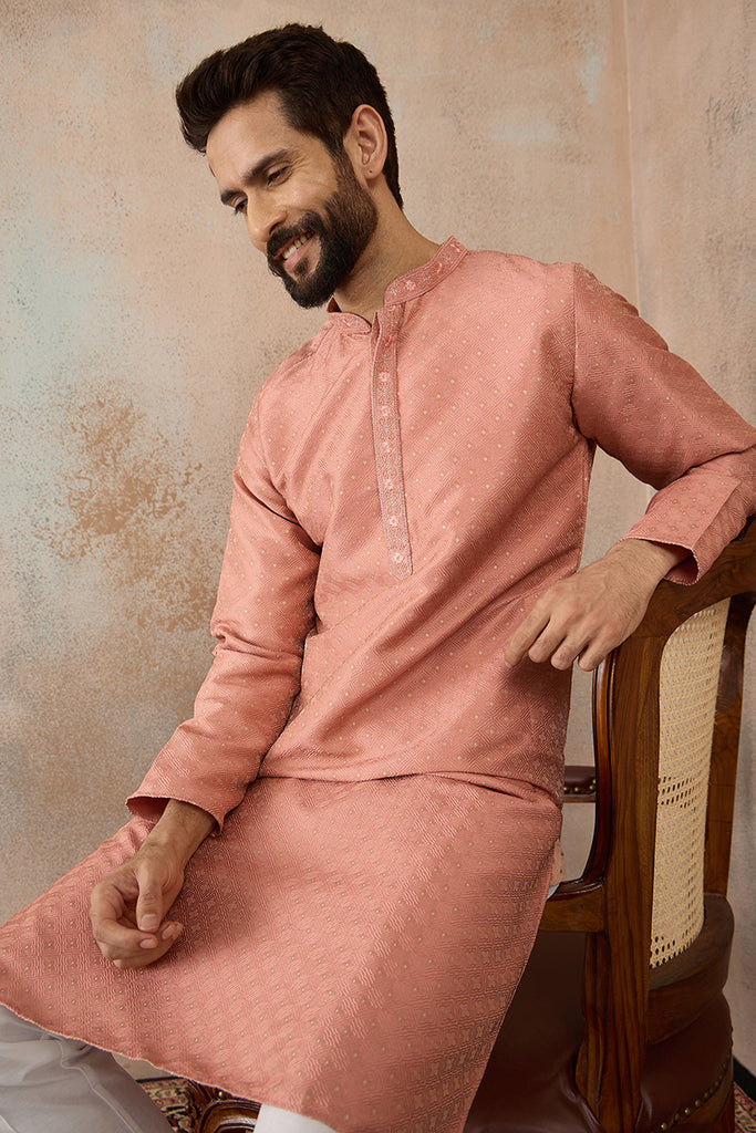 Peach Silk Blend Embroidered Mandarin Collar Straight Kurta MKU2363