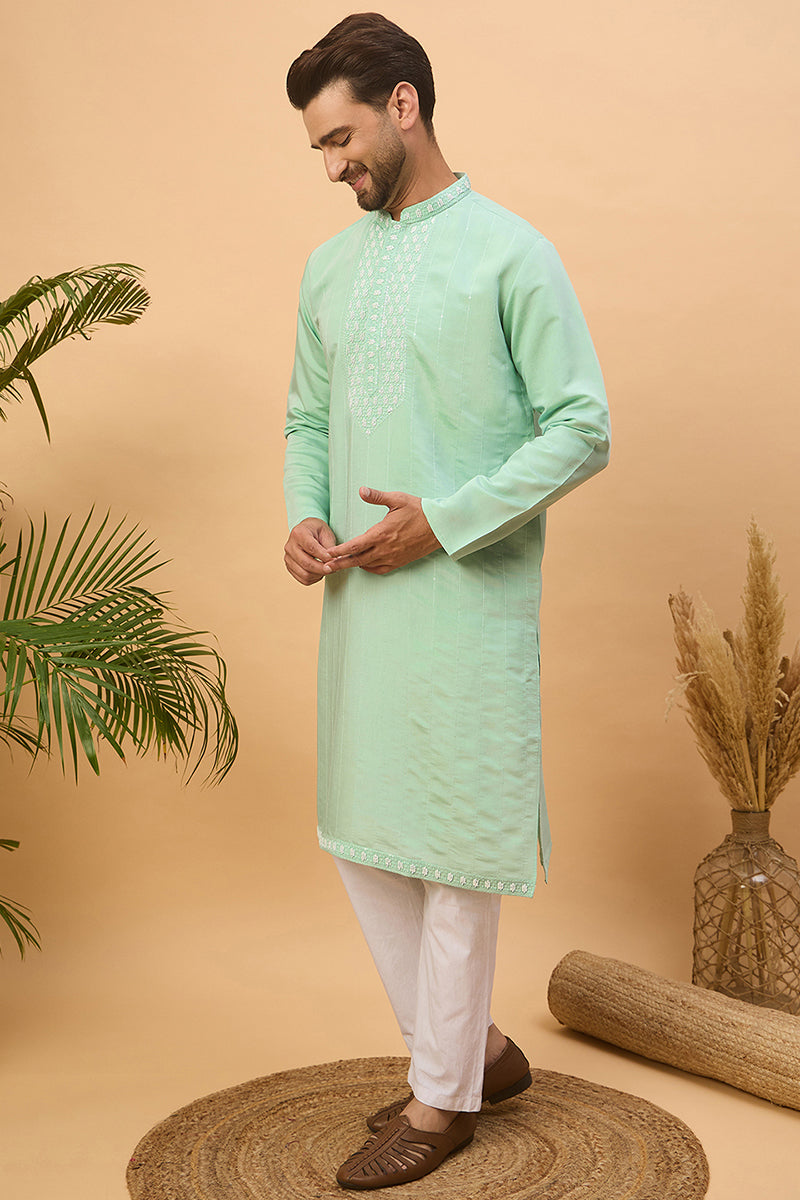 Blue Silk Blend Solid Embroidered Straight Kurta MKU1508
